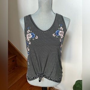Striped Black & White Knit Tank with Blue & Pink Floral Embroidery